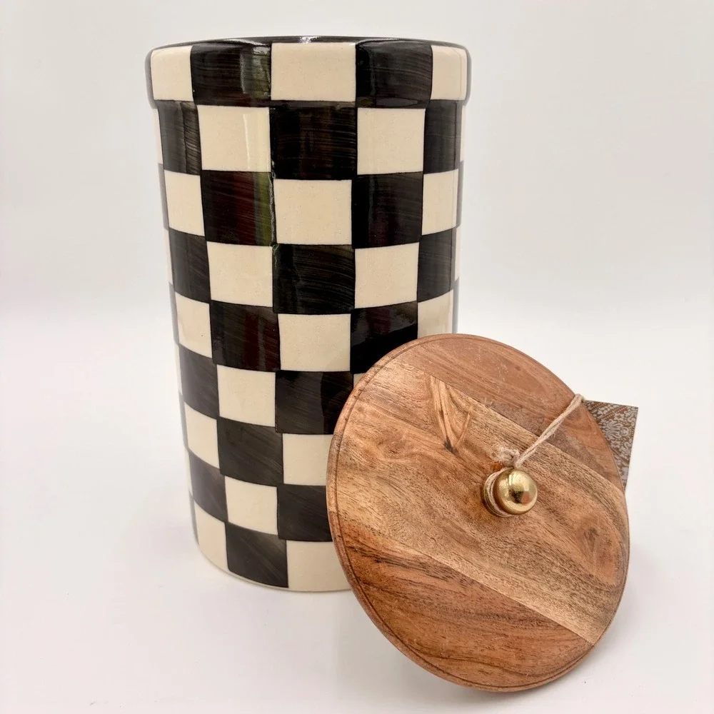 Hand Painted Checkered Ceramic Canister Wood Lid Extra Large Tall Made in India